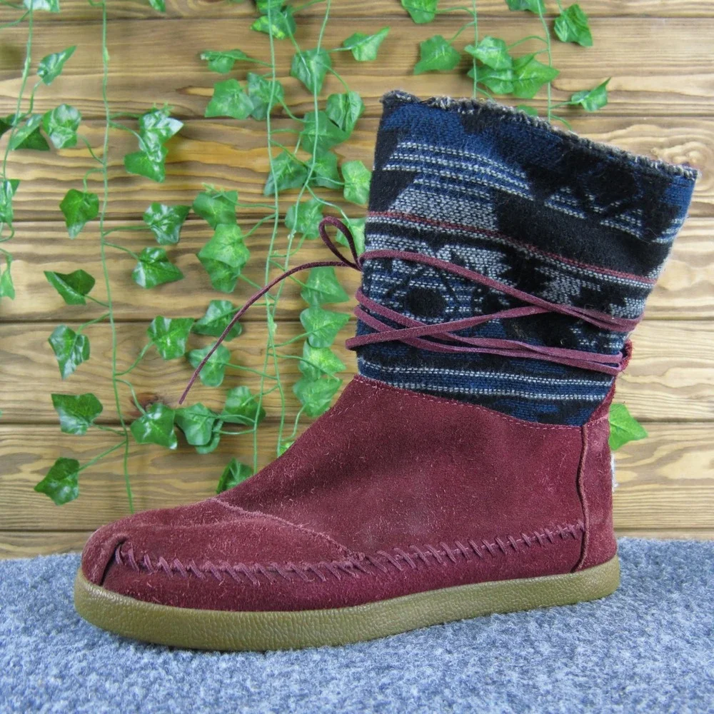 Toms Burgundy Suede Knit Trim‎ Ankle Boots Women Size 6 Comfortable Casual